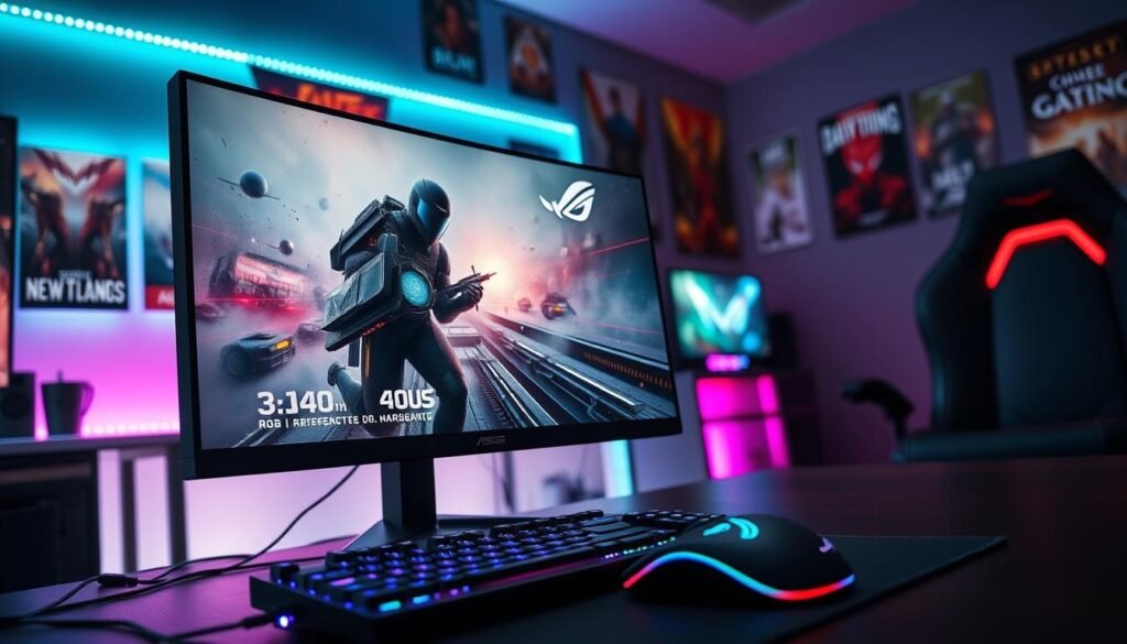 A dynamic gaming setup featuring an ASUS ROG 32-inch OLED monitor with a refresh rate of 480Hz, prominently displayed in the foreground. The monitor showcases a high-action scene from a futuristic video game, emphasizing the GamePlus enhancement features like crosshairs and timers overlaying the gameplay. Mid-ground includes a sleek gaming keyboard and mouse, illuminated by RGB lighting that reflects the vibrant atmosphere. Background displays a gaming room with ambient LED lights, posters of popular games, and a comfortable gaming chair. Soft, focused lighting enhances the details of the equipment while casting gentle shadows, creating an immersive and energetic mood for avid gamers. The perspective should be slightly angled to capture both the monitor and the gaming accessories, making it visually captivating for the viewer.