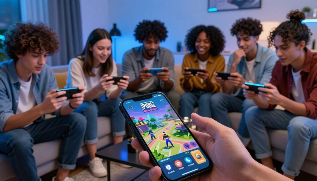 A dynamic illustration of a mobile gaming scene focused on "PUBG New State" updates, featuring a diverse group of players sitting together in a cozy, modern living room, engaged with their mobile devices. The foreground shows a close-up of a smartphone displaying the game's latest update screen, with colorful graphics and icons vividly visible. In the middle, players of various ethnicities are excitedly discussing strategies, wearing casual but stylish clothing, with expressions of curiosity and anticipation. The background features a dimly lit room illuminated by soft blue LED lights, creating a focused yet electrifying atmosphere. Capture a wide-angle perspective to highlight the camaraderie and excitement surrounding the latest gaming developments, ensuring a polished, engaging vibe without text or distractions.