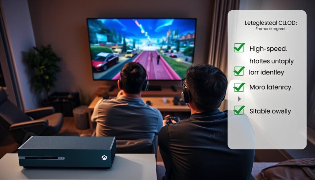 A dynamic image illustrating the technical requirements for optimal cloud gaming streaming, featuring a sleek gaming setup with an Xbox console and a high-end gaming monitor displaying a vibrant game scene. In the foreground, a pair of professional gamers, dressed in stylish, casual clothing, are intently focused on the screen, showcasing their engagement with the game. The middle ground includes a modern living room setup with ergonomic chairs and gaming accessories. The background is softly illuminated with ambient lighting, creating a cozy yet high-tech atmosphere. Include visual elements like a checklist graphic of technical specs (high-speed internet, low latency, etc.) subtly integrated into the scene, without any text. The perspective captures a slight overhead angle, enhancing the immersive experience of cloud gaming.