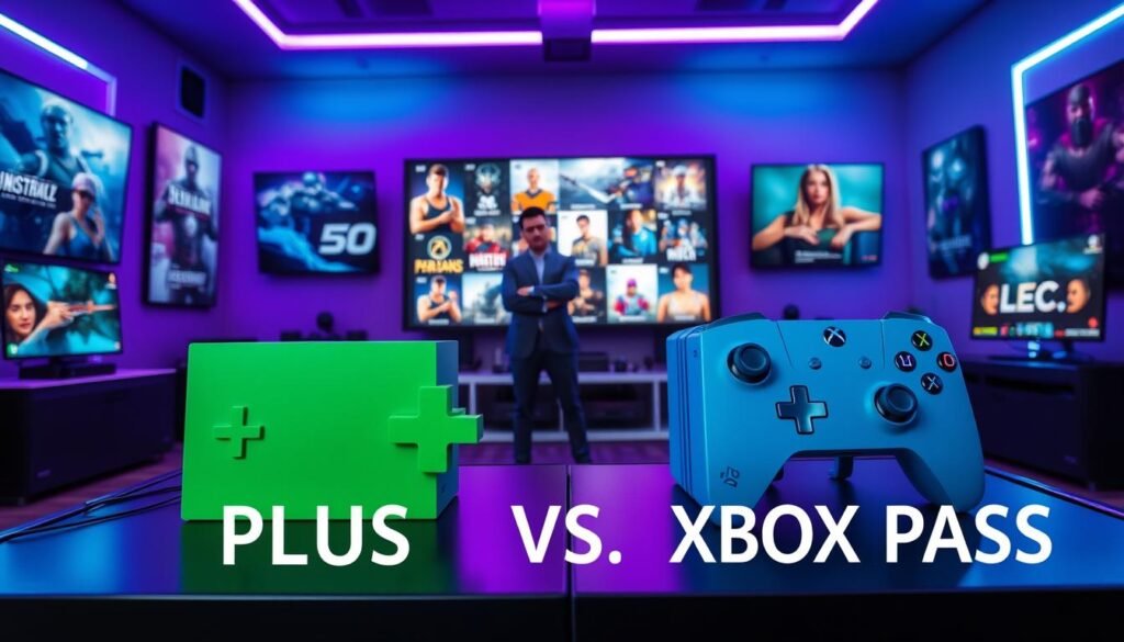 A dynamic scene depicting a gaming subscription service comparison between PlayStation Plus and Xbox Game Pass. In the foreground, two sleek consoles, one in blue and the other in green, are prominently positioned on a stylish gaming table. In the middle, a gamer in professional business attire is intently analyzing a large screen displaying vibrant game graphics, showcasing various titles available through these services. The background features a futuristic gaming room bathed in soft purple and blue ambient lighting, complete with gaming posters and digital screens displaying subscription information. The atmosphere is energetic and inviting, capturing the excitement of modern gaming subscriptions. The angle is slightly from above, offering a comprehensive view of the setup without distractions or text elements.