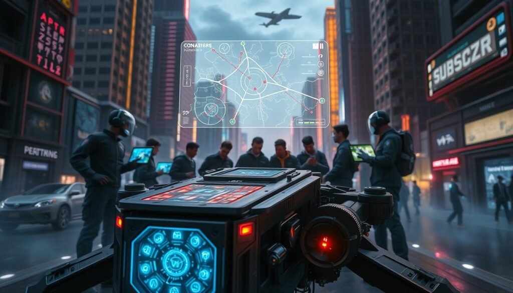 A dynamic scene depicting a "Teknik Planting Converter" in action in a futuristic urban environment. In the foreground, capture a close-up of the converter, a sleek, high-tech device with glowing interfaces and intricate mechanical components, showing a team of diverse characters in professional gaming attire strategizing around it. In the middle ground, showcase a tactical map display holographically projected above the device, with highlighted routes and objectives. The background features a stylized cityscape at dusk, illuminated by neon lights, creating a high-stakes atmosphere. The lighting is dramatic, with deep shadows contrasted by vibrant colors from the converters’ screens. The angle is slightly above the converter, providing a comprehensive view of both the characters and the environment, evoking a sense of urgency and teamwork essential for an attack strategy in a competitive scenario.