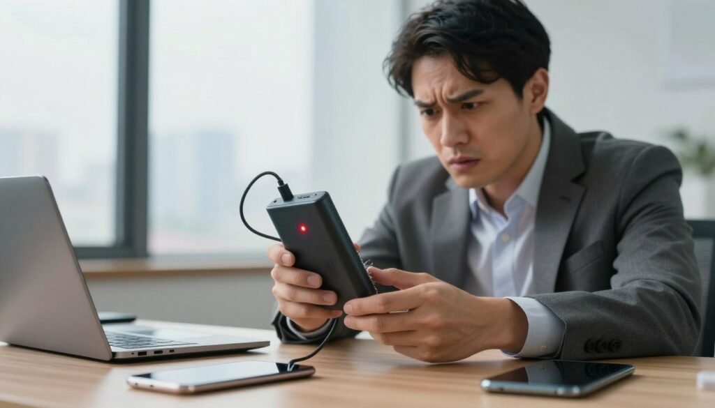 A dynamic scene depicting common mistakes while using a power bank, focusing on a young professional man in a business casual outfit, looking concerned as he holds a faulty power bank. In the foreground, emphasize the power bank with visibly frayed cables and a glowing red indicator light, showcasing danger. The middle ground features various smartphones and gadgets that are overheated or in disarray, illustrating potential risks of misuse. In the background, a subtle cityscape hints at a modern urban environment. Soft, natural lighting creates a serious yet educational atmosphere, with a focus on the man’s worried expression and the defective device. The angle should be slightly low, emphasizing the tension and urgency of the situation.