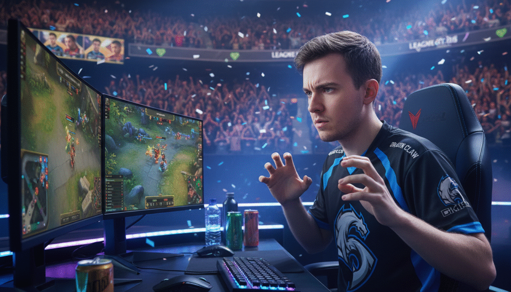 A dynamic scene showcasing a League of Legends competition, featuring a focused esports player with intense concentration, dressed in a stylish esports jersey, sitting at a modern gaming setup. In the foreground, the player’s hands are raised above the keyboard, fingers poised and ready to execute strategic moves, illuminated by the glow of the computer screen. In the middle ground, a high-tech gaming environment is filled with vibrant LED lights and multiple monitors displaying in-game action, creating a sense of urgency and excitement. The background features cheering fans in a large stadium, their excitement palpable, blending in soft focus to emphasize the player’s determination. The lighting is dramatic, casting sharp shadows to enhance the intensity of the moment, while a slight bokeh effect adds depth to the atmosphere, creating a thrilling esports vibe.