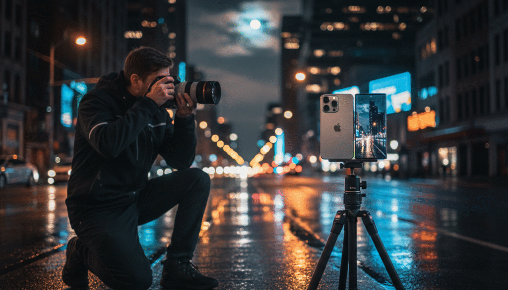 A dynamic scene showcasing a low-light photography test at night, highlighting the iPhone 15 Pro and Samsung S24 Ultra cameras in action. In the foreground, a photographer in professional attire captures vibrant city lights reflected on a rain-soaked pavement, emphasizing vivid bokeh effects. The middle layer includes the two smartphones on a tripod, each displaying a bright, clear image of the dark surroundings. The background features an urban skyline illuminated by streetlights, creating a contrast against the darkened sky filled with scattered clouds. The atmosphere is tense yet exciting, showcasing the battle for low-light supremacy, with nuances of warmth from the city lights. The scene is dimly lit with strategic lighting to emphasize camera details and the essence of night photography.
