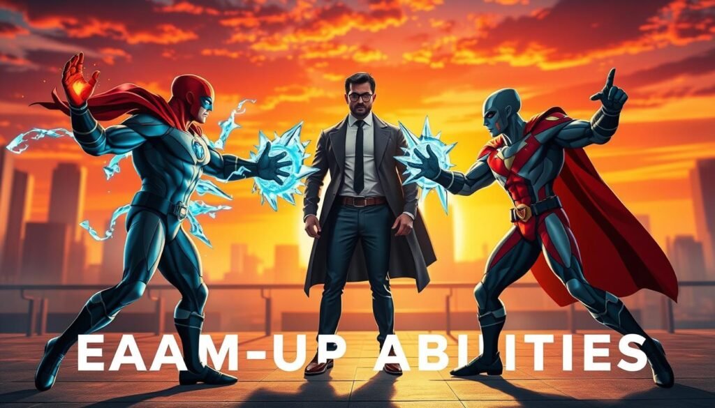 A dynamic scene showcasing the concept of "team-up abilities" in a vibrant superhero universe. In the foreground, two stylized superheroes, one with fiery powers and the other with ice abilities, display their contrasting yet complementary skills, creating a visually stunning interaction. Their costumes are modern and sleek, reflecting a Marvel-inspired aesthetic. In the middle ground, a third hero stands confidently, strategizing and guiding the team, dressed in professional battle attire. The background features a stylized cityscape illuminated by a colorful sunset, casting dramatic shadows and highlights across the scene. The atmosphere should be intense and energetic, capturing the excitement of teamwork and synergy among superheroes. Use a slightly low angle to emphasize the heroes' dynamic poses, creating a sense of grandeur and capability. Aim for a bright yet balanced color palette to draw attention to the action.