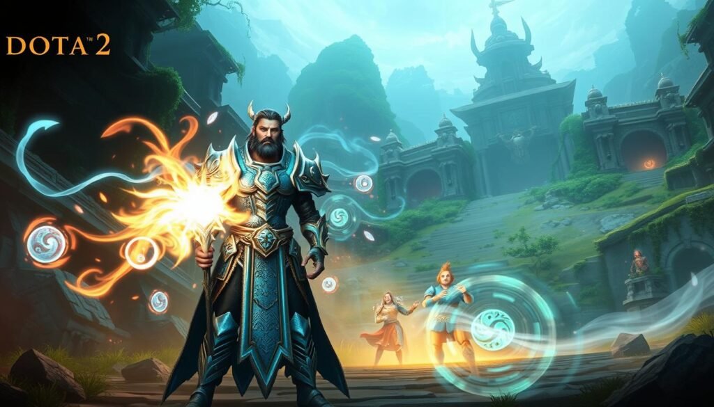 A fantasy scene depicting the unique abilities of the Dota 2 hero, Largo. In the foreground, Largo stands confidently, a tall and imposing figure with distinctive armor made of shimmering azure materials, adorned with intricate magical symbols. He wields a staff that emanates a soft, ethereal glow. His expression is determined, showcasing his heroic nature. In the middle ground, visualize magical elements swirling around him, representing his special abilities, including vibrant energy bursts and protective shields. The background features a mystical Dota 2 battlefield with ancient ruins and lush greenery, illuminated by dramatic lighting that enhances the magical atmosphere. The mood is epic and adventurous, capturing the essence of a new hero ready to change the game.