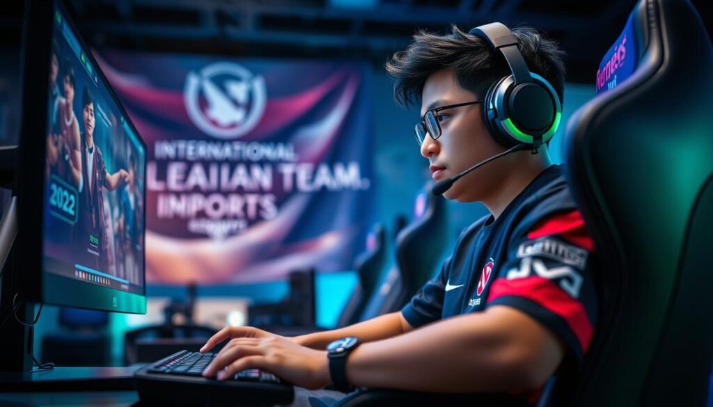 A focused Indonesian esports player sitting in an ergonomic gaming chair, wearing a sleek professional gaming jersey with team logos and headphones, intensely concentrating on their monitor displaying a Dota 2 match. The foreground captures the player's determined expression, with hands poised over a mechanical keyboard and gaming mouse, while the middle ground features a softly illuminated gaming setup with RGB lighting reflecting the vibrant atmosphere of esports. In the background, blurred images of banners celebrating Indonesian teams at The International create a sense of pride and community. The scene is lit with a dynamic blue and green hue, creating an energetic, competitive mood typical of high-stakes gaming environments, shot from a low angle to emphasize the player's focus and mastery of the game.