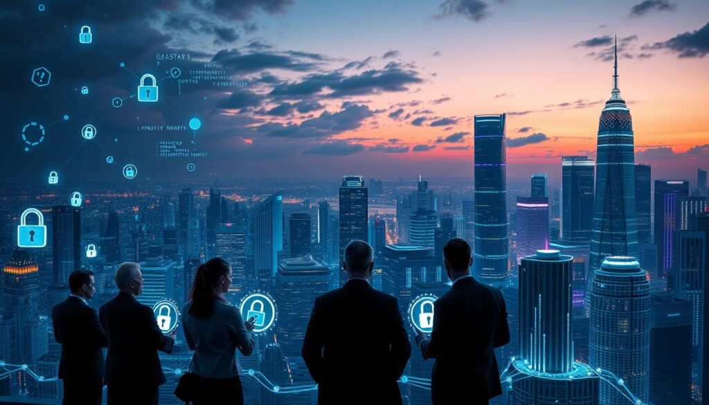 A futuristic city skyline at dusk, showcasing a digital landscape under a darkening sky filled with abstract representations of cyber threats, like floating code, fragmented data, and digital locks. In the foreground, a diverse group of business professionals in smart attire are intensely engaged with holographic displays of cyber security analytics, demonstrating a collaborative approach to tackling future cyber threats. The middle section features intricate, glowing circuits and networks connecting buildings, symbolizing interconnected systems. In the background, towering skyscrapers gleam with neon lights, reflecting the rapid advancement of technology. The atmosphere is tense yet hopeful, illuminated by cool blue and violet lights, suggesting the duality of advancement and risk in the digital age. The lighting is dramatic, with contrasting shadows enhancing the urgency of the cyber threat theme.