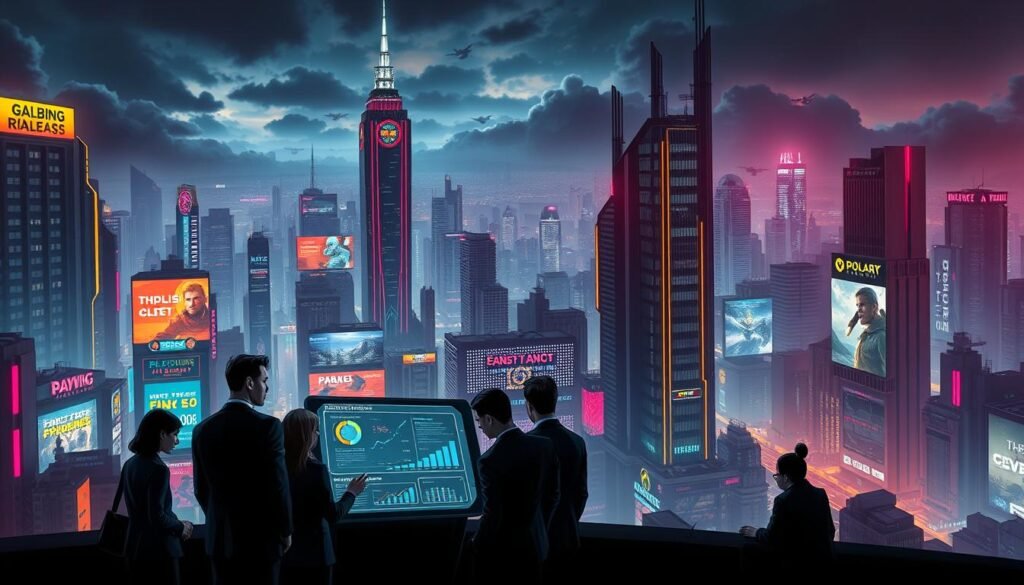 A futuristic cityscape inspired by Cyberpunk 2077, showcasing a sprawling metropolis drenched in neon lights and shadows. In the foreground, a group of diverse professionals in smart business attire gathers around a holographic display, analyzing financial data related to a gaming company. The middle ground features high-tech skyscrapers with illuminated advertisements and digital billboards promoting game releases. The background is filled with dark, moody clouds and a distant skyline dotted with flying vehicles, conveying a sense of technological advancement and corporate power. The lighting is dynamic, with contrasting bright neon colors against the deep tones of the city, creating an atmosphere of tension and opportunity. Use a wide-angle lens to capture the vastness of the urban environment and emphasize the scale of the city.