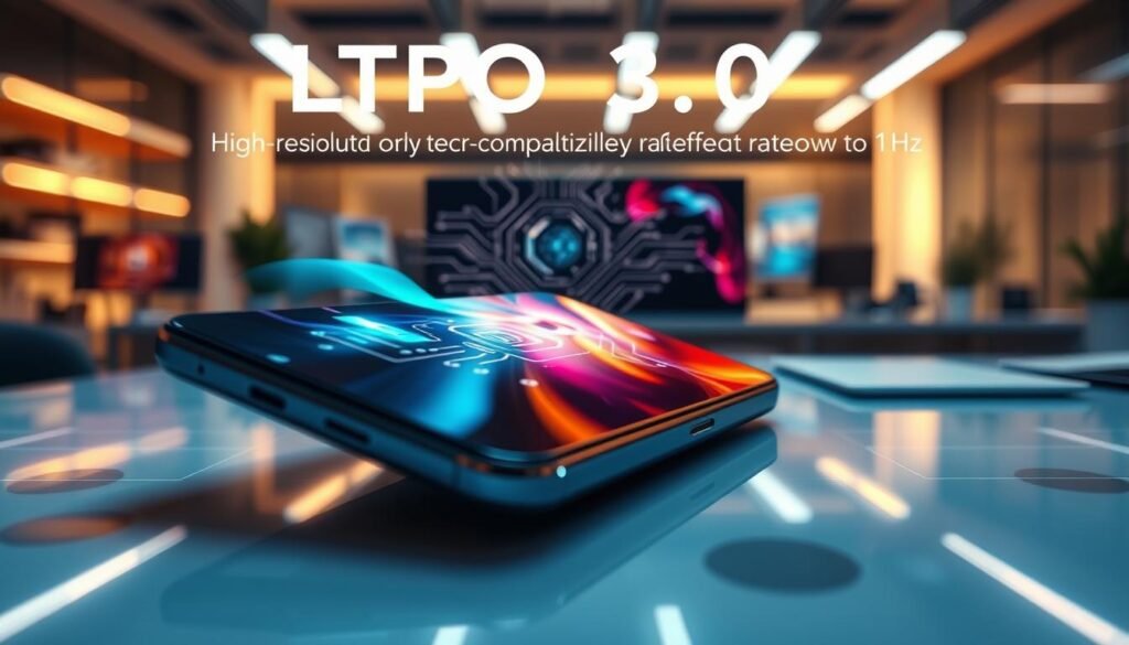 A futuristic depiction of "LTPO 3.0 technology," showcasing a high-resolution screen displaying vibrant, dynamic visuals that demonstrate the flexibility of refresh rates down to 1Hz. The foreground features a close-up of a sleek smartphone with an advanced LTPO display, reflecting colors and images. In the middle ground, subtly glowing circuit patterns symbolize efficiency and innovation, hinting at battery savings and rapid responsiveness. The background includes a modern workspace with soft, ambient lighting that casts gentle shadows, enhancing the focus on the smartphone. The atmosphere is high-tech yet inviting, suggesting an enhanced user experience. Capture this scene from a slight overhead angle, emphasizing depth and detail in the technology, while keeping the overall look clean and professional.
