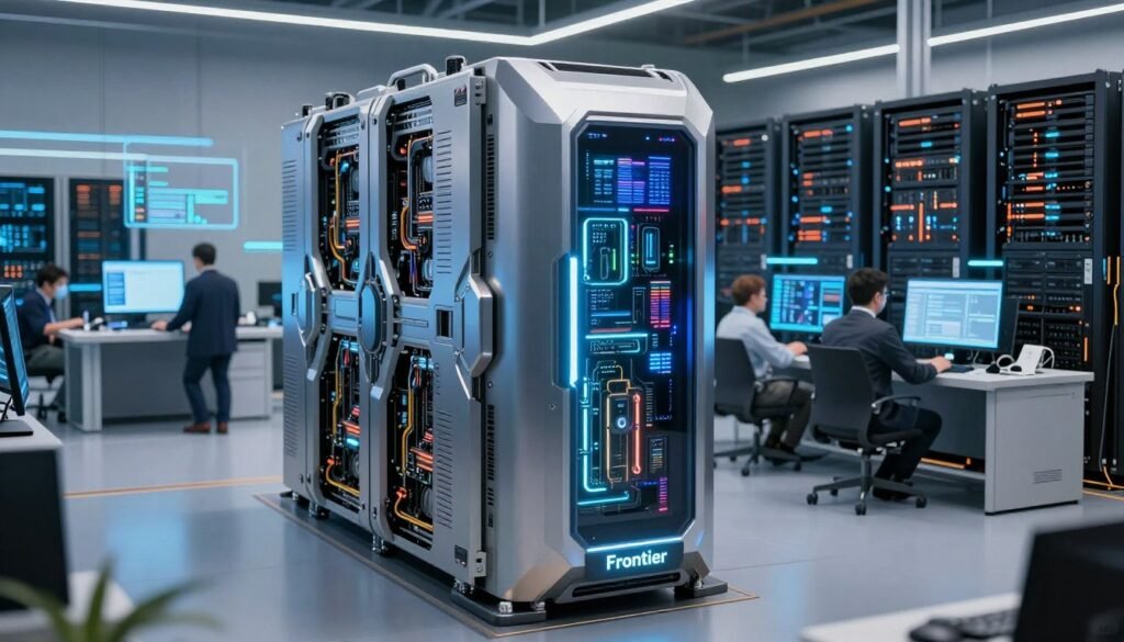 A futuristic exascale supercomputer named "Frontier" dominates the foreground, showcasing an intricate, high-tech design with a sleek, metallic exterior and vibrant LED displays illuminating its surface. In the middle ground, engineers in professional business attire are actively engaged in monitoring and operating the complex machinery, with holographic interfaces and digital readouts projected around them. The background features a spacious, cutting-edge data center filled with rows of advanced computing hardware and a glowing ambiance, suggesting a state-of-the-art technological environment. The lighting is bright yet focused, highlighting the supercomputer's intricate details, with a slight blue tint to create a high-tech atmosphere. The overall mood is one of innovation and scientific marvel, encapsulating the essence of modern computing.