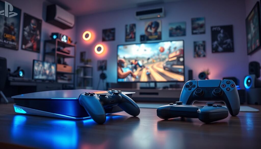 A futuristic gaming environment showcasing the revolutionary technology of the PS5 Pro. In the foreground, a sleek, modern gaming console with stylish LED lights emanating a blue glow. Adjacent to it, a high-end gaming headset and a pair of wireless controllers, all designed with cutting-edge aesthetics. In the middle ground, a vivid gaming monitor displays a hyper-realistic, action-packed game scene, with vibrant colors and intricate details. The background features a cozy gaming room with ambient lighting, tech gadgets, and gaming posters on the walls, creating an immersive atmosphere. The overall lighting is soft yet dynamic to evoke excitement and innovation in gaming. Capture the essence of advanced gaming technology, emphasizing performance and immersive experiences. A futuristic gaming environment showcasing the revolutionary technology of the PS5 Pro. In the foreground, a sleek, modern gaming console with stylish LED lights emanating a blue glow. Adjacent to it, a high-end gaming headset and a pair of wireless controllers, all designed with cutting-edge aesthetics. In the middle ground, a vivid gaming monitor displays a hyper-realistic, action-packed game scene, with vibrant colors and intricate details. The background features a cozy gaming room with ambient lighting, tech gadgets, and gaming posters on the walls, creating an immersive atmosphere. The overall lighting is soft yet dynamic to evoke excitement and innovation in gaming. Capture the essence of advanced gaming technology, emphasizing performance and immersive experiences.