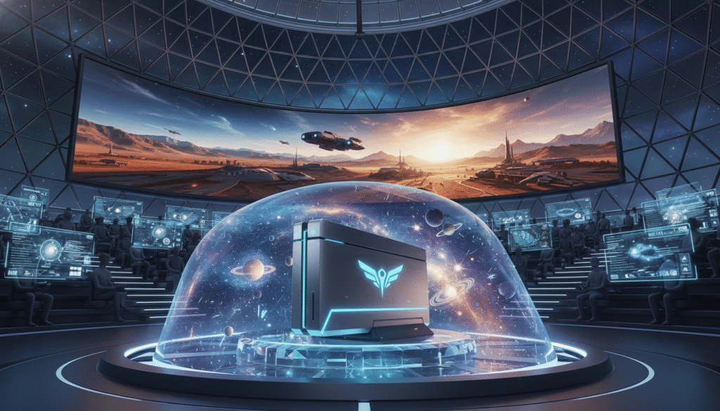 A futuristic gaming platform set against a sleek, high-tech background. In the foreground, display a modern gaming console with a glowing logo, surrounded by a virtual environment filled with immersive gaming elements like stars and planets. The middle ground features a large, high-definition screen showcasing a vibrant scene from "Starfield," with rich cosmic colors blending together. In the background, subtle hints of a gaming audience engage with holographic interfaces, emphasizing a social gaming experience. Use soft, dynamic lighting to create an inviting ambiance, suggesting excitement and anticipation. Capture this scene at a slight upward angle, enhancing the sense of immersion and wonder. The overall mood should be optimistic and thrilling, reflecting the future of gaming.