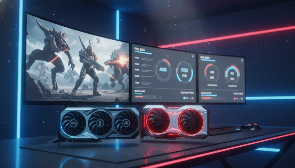 A futuristic gaming setup featuring two high-end graphics cards, the Nvidia RTX 4090 and AMD RX 7900 XTX, prominently displayed in the foreground. The RTX 4090 is illuminated in cool blue tones, while the RX 7900 XTX gleams with red accents, showcasing their unique designs. In the middle ground, a vibrant game scene depicts a high-octane battle, visually enhanced to display DLSS upscaling effects, with sharp textures and fluid motion. The background features a sleek, modern gaming room with ambient lighting and multiple monitors showcasing frame rates and performance metrics. The atmosphere conveys excitement and high energy, emphasizing the cutting-edge technology of graphic rendering. Use dramatic, focused lighting to highlight the graphics cards and game display, capturing the essence of advanced gaming performance. A futuristic gaming setup featuring two high-end graphics cards, the Nvidia RTX 4090 and AMD RX 7900 XTX, prominently displayed in the foreground. The RTX 4090 is illuminated in cool blue tones, while the RX 7900 XTX gleams with red accents, showcasing their unique designs. In the middle ground, a vibrant game scene depicts a high-octane battle, visually enhanced to display DLSS upscaling effects, with sharp textures and fluid motion. The background features a sleek, modern gaming room with ambient lighting and multiple monitors showcasing frame rates and performance metrics. The atmosphere conveys excitement and high energy, emphasizing the cutting-edge technology of graphic rendering. Use dramatic, focused lighting to highlight the graphics cards and game display, capturing the essence of advanced gaming performance.