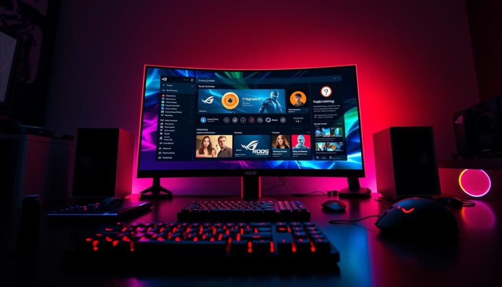 A futuristic gaming workspace featuring the ASUS ROG 32-inch OLED monitor with a 480Hz refresh rate prominently displayed as the centerpiece, showcasing the DisplayWidget Center software interface. The monitor glows with vibrant colors, emanating an immersive gaming atmosphere. In the foreground, sleek, modern gaming peripherals like a high-end keyboard and mouse can be seen, while the middle ground emphasizes the monitor with detailed UI components visible on the screen. The background features dim ambient lighting, enhancing the focus on the monitor, with hints of RGB lighting from the setup creating a dynamic environment. The scene captures a professional yet energetic mood, emphasizing cutting-edge technology and functionality.