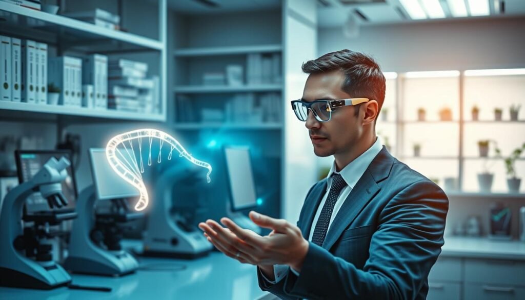 A futuristic laboratory setting, focusing on a high-tech gene editing process using CRISPR technology. In the foreground, a scientist in business attire carefully examines a glowing holographic model of a DNA strand, symbolizing "CPS1 deficiency" treatment. The scientist, wearing safety goggles, appears engaged and concentrated. In the middle ground, advanced laboratory equipment is visible, including microscopes and gene sequencing machines, with screens displaying genetic data. The background features shelves filled with bioengineering books and plant samples, softly lit with a blue hue for a sterile and innovative atmosphere. Bright lighting highlights the intricate details of the lab and the holographic DNA model, conveying a sense of cutting-edge research and technological breakthroughs in genetic therapy for unborn children.