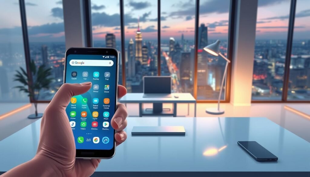 A futuristic mobile device showcasing an adaptive Android interface, set against a sleek, modern workspace. In the foreground, a hand reaches towards the vibrant touchscreen, displaying dynamic app arrangements that adjust in real-time. The middle ground features an elegant desk with a minimalist design, complemented by a high-tech lamp that softly illuminates the scene. In the background, large windows reveal a bustling cityscape under a twilight sky, casting a warm glow throughout the room. The atmosphere is one of innovation and intelligence, emphasizing a seamless blend of technology and daily life. Use soft, diffused lighting with a focus on the device's interface, captured at an eye-level angle to convey engagement and interactivity.