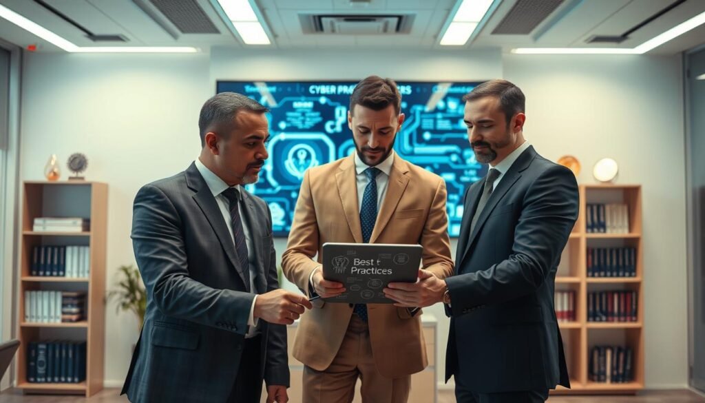 A futuristic office environment showcasing best practices in cybersecurity. In the foreground, a diverse group of three professionals in business attire—two men and one woman—are engaged in serious discussion around a digital tablet displaying security protocols. The middle ground features a large interactive screen displaying a visual representation of cyber threats. In the background, shelves filled with cybersecurity books and awards enhance the theme. Soft, focused lighting creates a professional atmosphere, while a warm color palette conveys a sense of urgency and importance. The angle is slightly elevated, providing a sense of overview and depth to the scene, emphasizing both collaboration and technical expertise in cybersecurity practices.