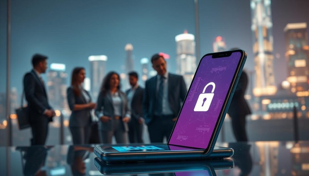 A futuristic scene showcasing data protection in the context of theft detection technology. In the foreground, a sleek, modern smartphone displays a vivid screen with a lock icon illuminated, symbolizing security. The middle ground features a diverse group of professionals in business attire, attentively observing the smartphone, illustrating engagement with the technology. In the background, a digital cityscape glows with ethereal lights, representing the interconnectedness of data protection in an urban environment. Soft, ambient lighting enhances the mood, evoking a sense of safety and innovation. The angle is slightly tilted upwards, emphasizing the smartphone and its protective features, while a subtle digital overlay hints at encrypted data flowing around it.