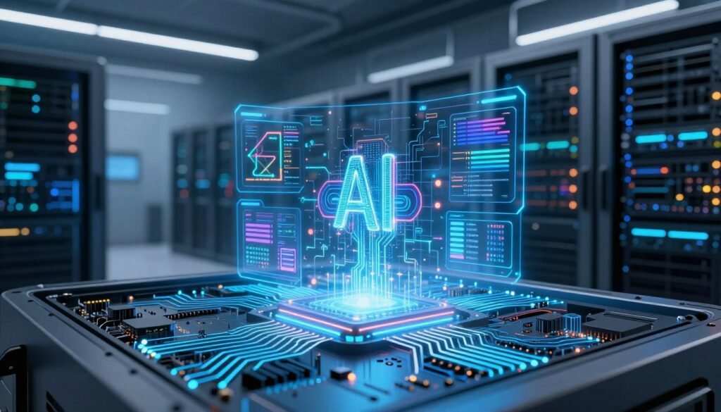 A futuristic supercomputer infused with artificial intelligence, displaying intricate circuitry and glowing data streams, occupies the foreground. In the middle, dynamic holographic interfaces emit vibrant visualizations of complex algorithms and data analytics, illustrating the integration of AI in supercomputing. The background features a sleek, modern data center with rows of high-tech servers and ambient blue lighting that enhances the technological atmosphere. A soft glow emanates from the screens, creating an inspiring mood of innovation and progress. The perspective is from a slight low angle, emphasizing the grandeur of the supercomputer setup. This visually compelling scene captures the essence of AI integration in the future of supercomputing, with a professional and futuristic aesthetic.