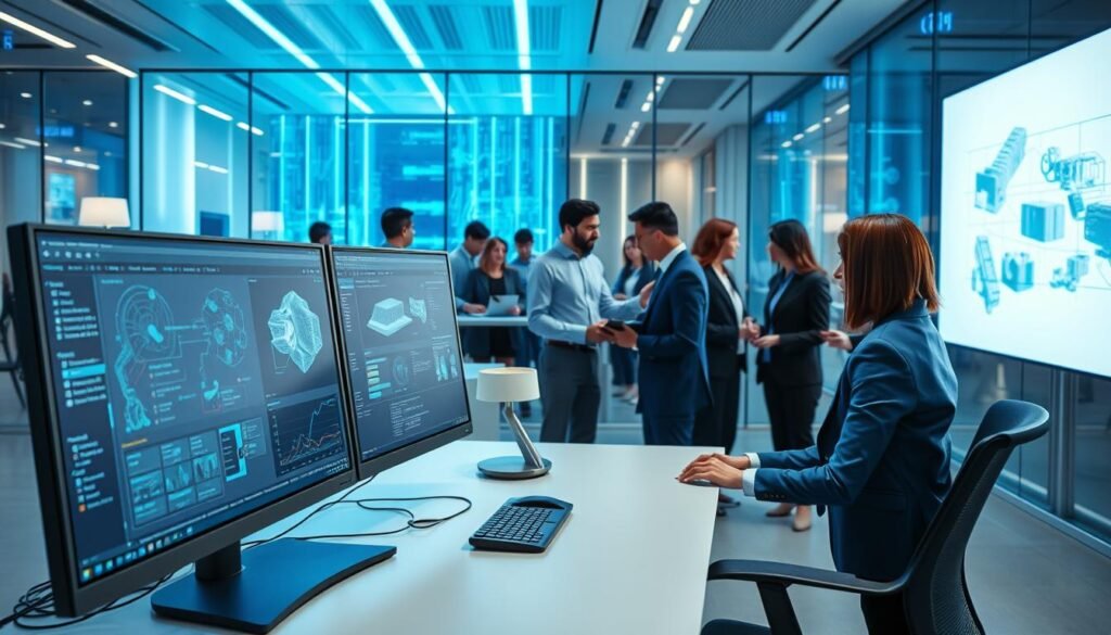 A futuristic workspace blending cutting-edge AI technology with traditional Blender software. In the foreground, a sleek workstation showcases a dual-monitor setup displaying complex workflow diagrams and AI-assisted modeling tools. The middle ground features a diverse team of professionals in modern business attire, engaged in collaboration, analyzing data and 3D models. The background reveals a high-tech office with translucent glass walls and ambient blue lighting, casting a soft glow. A large digital screen displays evolving AI-generated graphics and automation processes. The atmosphere is dynamic and innovative, capturing the essence of transformation in creative workflows influenced by artificial intelligence. The scene should be well-lit to emphasize the interaction between human creativity and technology, with a focus on teamwork and future possibilities.