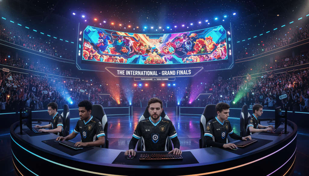 A grand esports arena filled with vibrant lights and intense energy. In the foreground, a diverse group of professional players in stylish esports jerseys are deep in concentration, engaging with their gaming setups. Their expressions reflect determination and passion. In the middle, a massive screen showcases the thrilling action of "The International" with vivid animations and cheering crowds. The background features a packed audience, their faces illuminated by the glow of the screen, with banners and flags waving. The atmosphere is electric, evoking a sense of excitement and competition. Use dramatic lighting to highlight the players and the screen, while a shallow depth of field emphasizes the intense focus on the competitors. The overall mood is one of triumph and the spirit of championship.