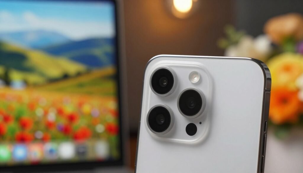 A high-definition close-up of a sleek modern smartphone showcasing the A17 Pro's advanced photography features. The foreground features a beautifully arranged setup with the smartphone positioned at an angle that highlights its impressive camera array, complete with a wide lens and enhanced sensors. In the middle ground, softly blurred elements include vibrant photography subjects, such as a stunning landscape and detailed close-ups of flowers, illustrating the capability of the A17 Pro's optics. The background features gentle bokeh lights to evoke a creative atmosphere, simulating the environments where professional photography often takes place. The lighting is bright and inviting, emphasizing the colors and textures of the image. The mood is one of innovation and sophistication, showcasing the A17 Pro as a powerful tool for photographers.