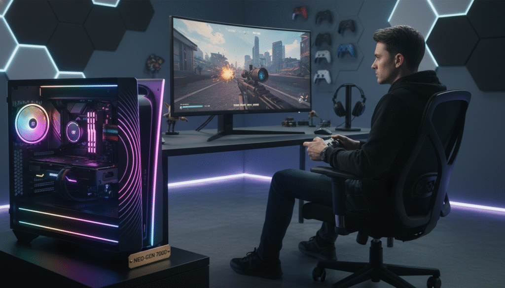 A high-end gaming setup in a modern, sleek room. In the foreground, a custom-built gaming console resembling a PS5, illuminated with RGB lighting, showcasing high-end specifications. The middle ground features a large 4K monitor displaying a first-person shooter game at ultra settings, with stunning graphics and vibrant colors. A professional gamer in modest casual clothing sits in an ergonomic gaming chair, focused on the screen. The background is slightly blurred, emphasizing a stylish gaming room filled with accessories such as game controllers, soundproofing panels, and ambient LED lighting. The overall atmosphere is dynamic and intense, conveying a sense of immersive gameplay and cutting-edge technology. The lighting is bright but balanced, with soft glows highlighting the console and monitor.