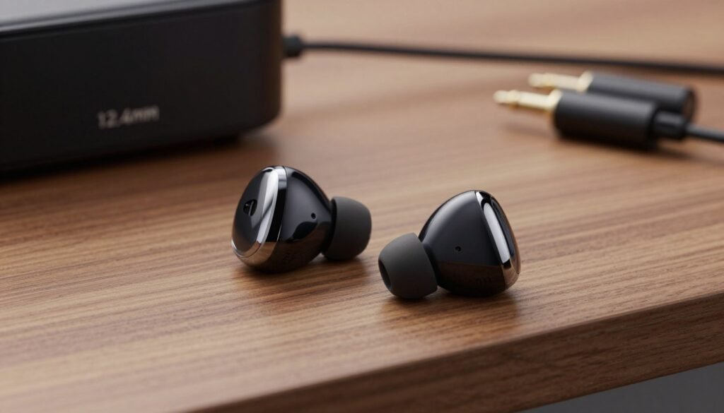 A high-quality close-up image showcasing a pair of Realme Buds Air 5 Pro earbuds prominently featuring a 12.4mm audio driver. The earbuds should be placed on a sleek, modern wooden surface, with soft natural light illuminating them to highlight their glossy finish. In the background, a subtle blurred effect of a stylish audio setup, including a small amplifier and an audio cable, emphasizes a high-fidelity audio experience. The color palette should convey a sense of sophistication, using deep blacks and chrome accents. The overall mood should be one of elegance and innovation, appealing to audiophiles who seek outstanding sound quality in their earbuds.