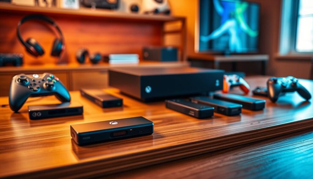 A high-quality image of the best SSD options for Xbox Series X/S, showcased on an elegant wooden desk. In the foreground, display a sleek SSD with an LED indicator light, surrounded by various compatible models with distinct designs. In the middle ground, a modern Xbox Series X console is visible, enhancing the focus on gaming technology. The background features a warm, softly lit room with gaming paraphernalia like headphones and an Xbox controller, creating an inviting atmosphere. The lighting is bright yet warm, simulating a cozy gaming setup. Use a shallow depth of field to emphasize the SSDs in focus, capturing the intricate details of their designs. The overall mood is informative and tech-savvy, appealing to gamers seeking alternatives to expensive storage solutions.