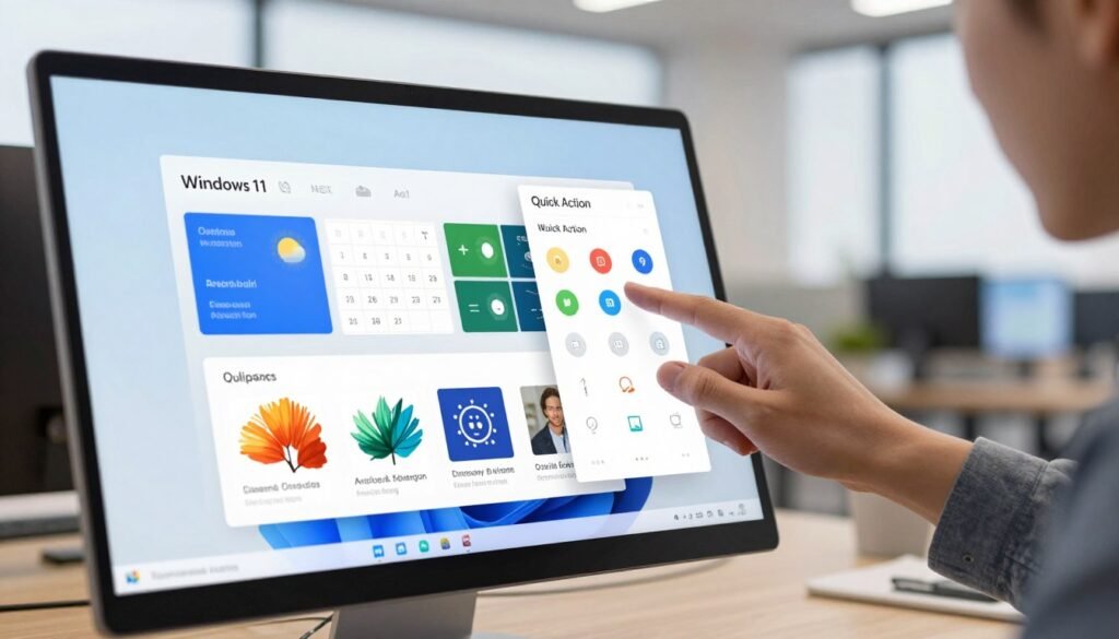 A high-resolution, detailed depiction of the Windows 11 interface, showcasing the Widgets and Quick Action Panel in action. In the foreground, a sleek PC screen displays various widgets, like weather, calendar, and news updates, arranged neatly. The middle ground features a user interacting with the Quick Action Panel, tapping icons for quick settings adjustments, showcasing vibrant colors and an intuitive layout. The background contains a modern office environment with daylight streaming through a window, creating a bright and productive atmosphere. The lighting is soft yet clear, emphasizing the technology’s sleek design. The overall mood is focused and efficient, illustrating how these features enhance real-time information access for productivity.