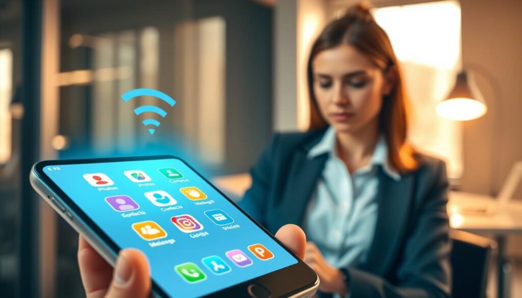 A high-resolution image depicting a modern smartphone with a glowing transfer screen showcasing the Clone Phone function. In the foreground, a close-up of the smartphone screen, displaying colorful icons representing data types like photos, contacts, and messages being wirelessly transferred. The middle ground features a sleek and stylish office environment, with a professional-looking person wearing business attire focused intently on the phone. The background consists of soft, blurred office elements like a desk and a window, letting in natural light. The lighting is warm and inviting, casting soft shadows that enhance the mood of efficiency and modern technology. The overall atmosphere conveys a sense of innovation and smooth connectivity, symbolizing the ease of data transfer between devices.