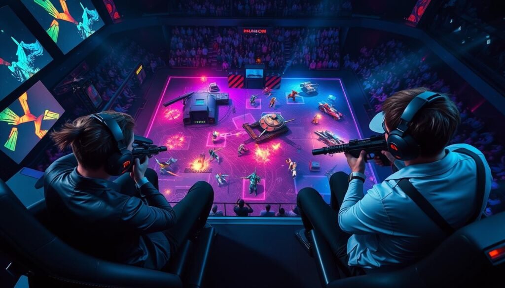 A high-stakes 5v5 eSports match from an overhead view, illustrating teams engaged in advanced tactical maneuvers. In the foreground, two players in sleek, professional gaming attire intensely control their characters, showcasing focused expressions and dynamic postures as they strategize. The middle ground features vibrant in-game action, with various character classes like snipers and tanks positioned strategically across a detailed futuristic map filled with obstacles. The background reveals a cheering audience in a darkened venue, illuminated by colorful LED lights that pulse in sync with the gameplay. The scene is captured in a dramatic angle, highlighting the tension and excitement of competitive play. A cool color palette sets a serious yet electrifying mood, emphasizing the intensity of high-level gaming strategies.