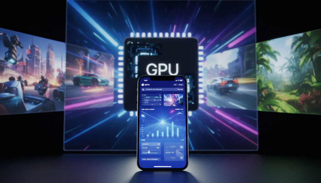 A high-tech comparison display showcasing performance metrics, centered in the foreground is a sleek, modern device resembling an iPhone, its screen glowing with detailed graphical statistics and visuals of ray tracing effects. In the middle ground, a blurred silhouette of a high-performance Apple GPU chip looms, highlighting its superior capabilities for graphics processing. The background features a dynamic digital landscape, incorporating immersive 3D renderings of mobile gaming scenes, with vibrant lighting that emphasizes the contrast between the iPhone's capabilities and those of the professional-grade GPU. The overall mood conveys a sense of cutting-edge technology and innovation, with sharp focus on the main device, illuminated by cool, futuristic lighting. The angle is slightly elevated, offering a comprehensive view of the performance comparison elements. A high-tech comparison display showcasing performance metrics, centered in the foreground is a sleek, modern device resembling an iPhone, its screen glowing with detailed graphical statistics and visuals of ray tracing effects. In the middle ground, a blurred silhouette of a high-performance Apple GPU chip looms, highlighting its superior capabilities for graphics processing. The background features a dynamic digital landscape, incorporating immersive 3D renderings of mobile gaming scenes, with vibrant lighting that emphasizes the contrast between the iPhone's capabilities and those of the professional-grade GPU. The overall mood conveys a sense of cutting-edge technology and innovation, with sharp focus on the main device, illuminated by cool, futuristic lighting. The angle is slightly elevated, offering a comprehensive view of the performance comparison elements.
