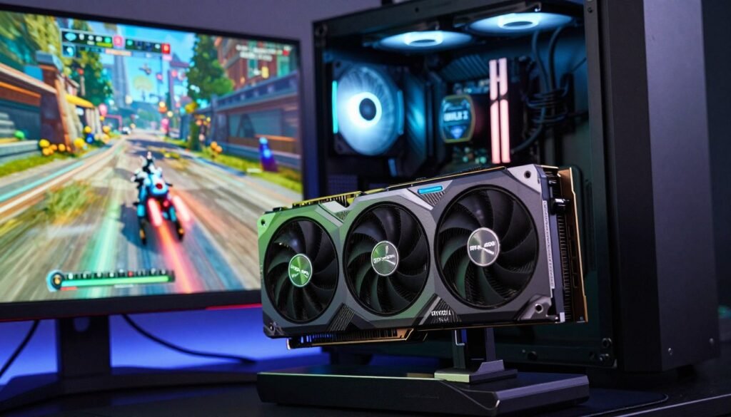 A high-tech gaming setup featuring NVIDIA Reflex technology, prominently displaying a sleek and powerful RTX 5090 graphics card. In the foreground, a close-up of a gaming monitor showcases a fast-paced in-game scene, with vibrant colors and sharp graphics highlighting the frame warp technology in action. Background elements include a stylish, high-end gaming PC with glowing LED lights and an intricate cooling system, underscoring the intensity of performance. Utilize dramatic lighting to enhance the futuristic atmosphere, with ambient glow from the monitor reflecting on the sleek surfaces of the equipment. The angle captures the excitement of gaming, emphasizing speed and responsiveness, while maintaining a clean, professional aesthetic.