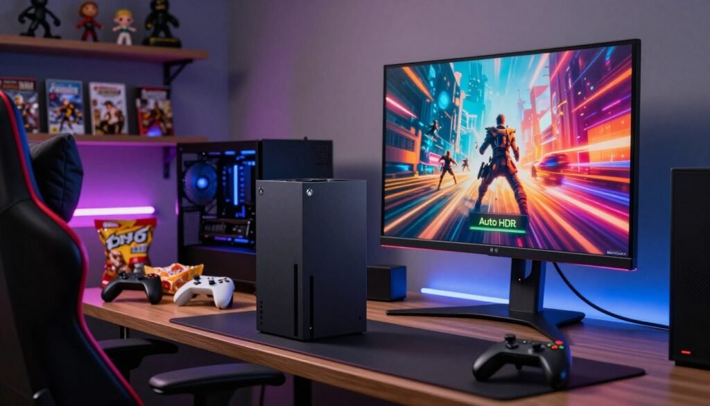A high-tech gaming setup showcasing an Xbox Series X with Auto HDR enabled, presented in a cozy gaming room. In the foreground, focus on a sleek modern gaming monitor displaying vibrant, high-contrast visuals from an action-packed scene. The gaming console sits nearby, illuminated by soft LED lighting. In the middle, a comfortable gaming chair is positioned at an angle, complemented by a stylish gaming desk cluttered with game controllers and snacks. The background features shelves adorned with game titles and figurines, illuminated by ambient lighting that enhances the immersive atmosphere. The overall mood is one of excitement and anticipation, highlighting the enhanced visual experience of Auto HDR. Use dynamic lighting, with a slight lens flare, to illustrate the vibrant colors and details of the gaming world.