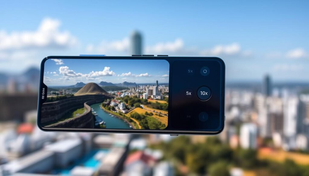 A high-tech photograph of a digital camera's zoom capabilities, focusing on a periscope lens system similar to that of the Galaxy S24 Ultra. In the foreground, prominently featured is a sleek smartphone showing a vivid zoomed-in image of a beautiful landscape, illustrating both 5x and 10x zoom levels. The middle section reveals the smartphone’s camera module, showcasing intricate details of the lens and sensors with realistic reflections. In the background, a blurred cityscape provides context, enhancing the telephoto perspective. The lighting is bright and clear, highlighting the sharpness of the images captured. The overall mood is modern and innovative, emphasizing advanced technology and quality photography. No text, logos, or watermarks are present in the image.