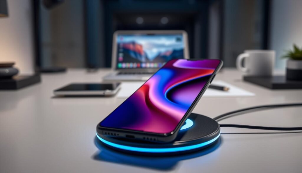 A highly detailed and sleek Xiaomi 13 Pro smartphone positioned on a modern wireless charging pad, glowing with a soft blue LED indicator to signify its 50W wireless charging feature. In the foreground, focus on the phone's elegant curves and the high-resolution display showing vibrant colors. The middle ground features a clean, minimalist desk setup with a laptop and stylish accessories, enhancing a tech-savvy atmosphere. In the background, soft ambient lighting subtly illuminates the space, creating a sophisticated and professional vibe. The scene is captured with a macro lens effect, emphasizing the phone's design details while maintaining a soft bokeh background for depth. The overall mood is innovative and sleek, showcasing advanced charging technology in a professional setting.