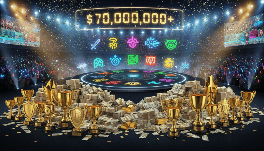 A highly detailed and visually striking representation of a massive prize pool for an esports tournament, showcasing a variety of golden trophies and gleaming stacks of cash in the foreground, symbolizing the total prize of over $70 million. In the mid-ground, feature colorful esports game icons and symbols representing the 24 different games included in the World Cup. The background should depict a dynamic stadium filled with cheering fans, illuminated by vibrant lights, creating an electrifying atmosphere. Use a wide-angle lens effect to enhance the grandeur of the scene, with bright, energetic lighting to evoke excitement and anticipation for the event. The overall mood should be motivating and celebratory, focusing on the significance of the esports world championship.