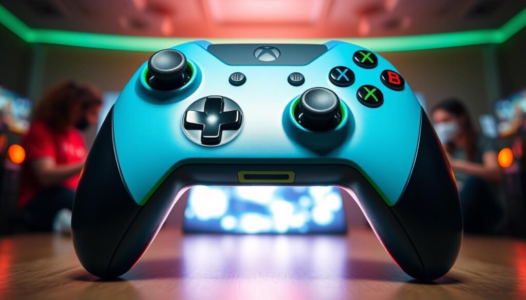 A highly detailed custom Xbox controller, showcasing the modular design of the "Design Lab". The controller features vibrant, interchangeable colors and textures with glossy finishes and matte grips in a palette of electric blue, neon green, and sleek black. The foreground captures the controller in a dynamic, angled view, highlighting its ergonomic design and customizable buttons. In the middle, there's a softly glowing LED backdrop with hints of a digital environment, resembling a gaming setup. In the background, blurred silhouettes of gamers engaged in multiplayer sessions create a lively atmosphere. The scene is illuminated with bright yet warm lighting to evoke excitement and innovation, using a wide-angle lens to capture the full aesthetic appeal of the controller in action.