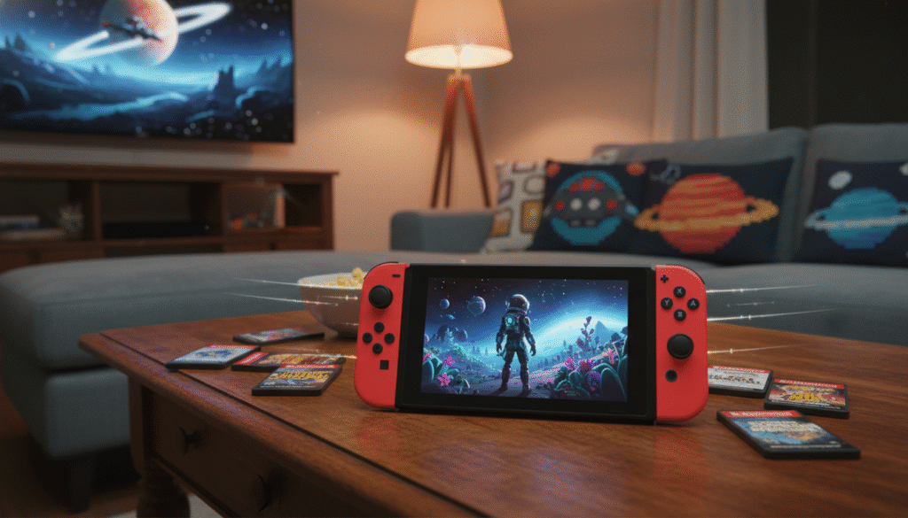 A highly detailed depiction of a Nintendo Switch set on a wooden coffee table, with vibrant game cartridges scattered around. The foreground features the console in a sleek, modern design, with its colorful Joy-Con controllers attached. In the middle ground, a cozy living room scene includes a plush couch with game-themed cushions and a softly glowing lamp, creating an inviting atmosphere. The background shows a large TV displaying a gameplay scene filled with futuristic landscapes that hint at the themes of space exploration and adventure. The lighting is warm and soft, suggesting an evening gaming session. Capture a sense of excitement and anticipation, focusing on the potential impact of multiplatform gaming on both players and the industry.