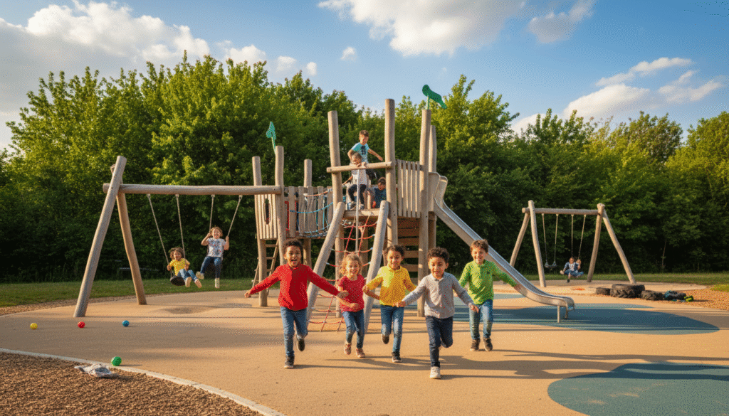 A lively playground scene capturing children engaged in classic playground games. In the foreground, a diverse group of children is playing tag, laughter echoing across the vibrant colors of their clothing. The middle ground features a sturdy wooden jungle gym, where some kids are climbing and others are sliding down, with the excitement of the activity evident on their faces. In the background, lush green trees provide shade, with a bright blue sky and fluffy white clouds creating a cheerful atmosphere. Soft sunlight bathes the scene, enhancing the joyful mood. The perspective is slightly elevated, giving a clear view of the fun without losing the essence of the playground setting. The overall ambiance is playful and energetic, embodying the spirit of childhood.