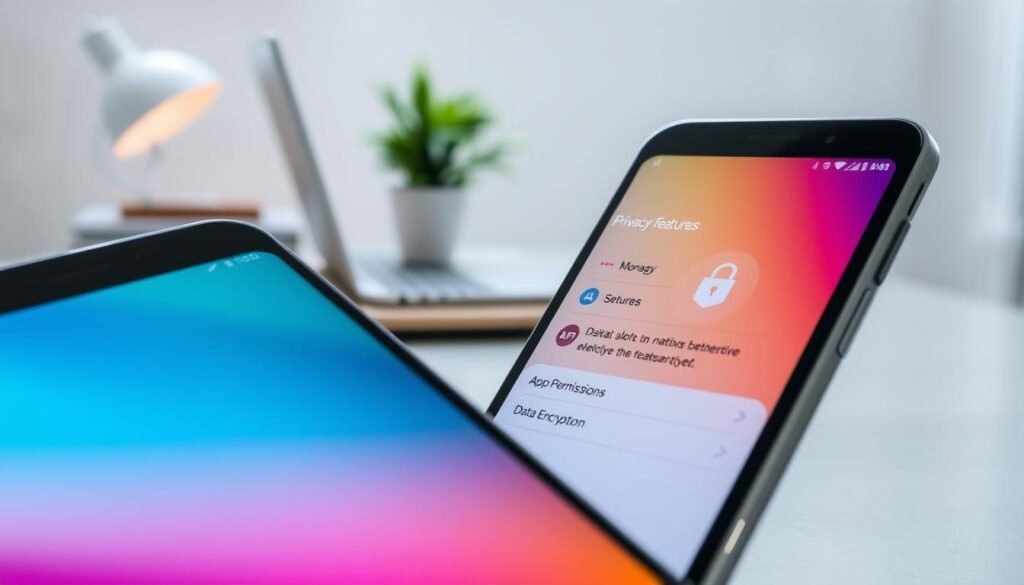 A modern Android smartphone screen showcasing a vibrant interface featuring privacy and security settings. In the foreground, focus on a detailed visual representation of the "Privacy Features" section, highlighted with icons like a lock and shield symbol, and a list of options like "App Permissions" and "Data Encryption." The middle ground displays a blurred desk environment, hinting at a secure workspace with a soft-focus laptop and a casual potted plant, reflecting a calm atmosphere. In the background, subtle abstract lines imply network security, blending technological elements with a feeling of protection. The lighting is bright and inviting, simulating a daytime setting with natural light, creating an atmosphere of trust and security.