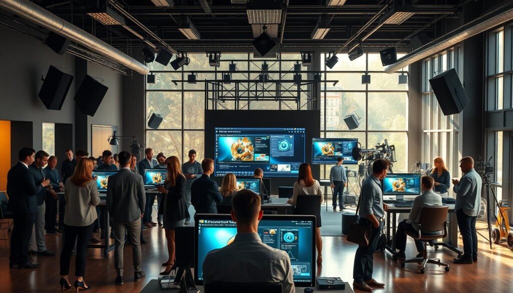 A modern Hollywood film studio interior showcasing a vibrant and innovative workspace for software adoption. In the foreground, diverse creative professionals in stylish business attire are engaging with advanced computer interfaces, collaborating on their projects. The middle ground features large screens displaying Blender's interface with stunning 3D animations, filling the air with a sense of excitement and creativity. The background reveals a well-lit production area with film equipment and large windows allowing natural light to flood in, creating a warm but dynamic atmosphere. The setting should evoke an inspiring mood, as if capturing a pivotal moment in transformational filmmaking. Use soft lighting with a focus on warm tones to enhance the collaborative energy, and a wide-angle perspective to convey the openness of the studio.