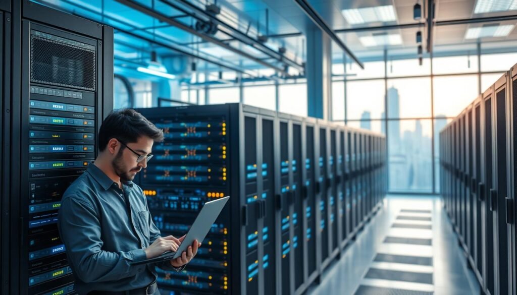 A modern data center filled with rows of high-performance servers dedicated to AI language model training, illuminated by a soft blue and white ambient light. In the foreground, a technician in professional business attire inspects server racks, working intently with a laptop open beside them. The middle layer showcases powerful servers, featuring blinking LED lights and advanced cooling systems, conveying a sense of technological sophistication. The background includes large, floor-to-ceiling windows revealing a city skyline, hinting at the energy consumption associated with AI training. Capture a mood of innovation and responsibility, with a focus on the harmony between technology and the urban environment. The angle should be slightly from above to emphasize the scale and complexity of the data center.