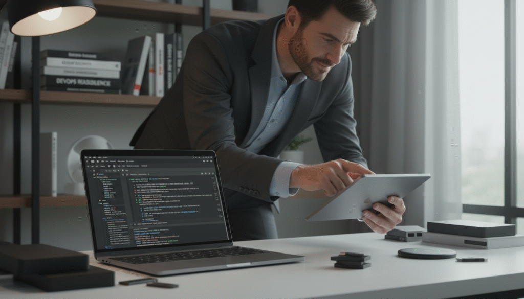 A modern digital workspace focusing on the theme of "backup configuration maintenance" related to Google Play Integrity. In the foreground, a sleek laptop with an open terminal screen displaying command lines for backup processes. Surrounding the laptop, various tech gadgets like external hard drives and USB sticks gleaming under soft, focused lighting. In the middle ground, a person dressed in professional business attire, intently examining backup logs on a tablet, displaying a look of concentration. The background features a softly blurred office environment with shelves of tech books and a window letting in natural light. The overall mood is one of diligence and technical prowess, emphasizing the importance of regular updates and maintenance in a digital landscape.