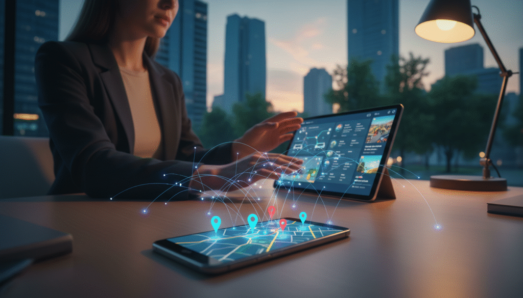 A modern digital workspace scene depicting "Location Services" in action. In the foreground, a sleek smartphone displaying a vibrant map with location pins, surrounded by subtle glowing lines indicating connectivity. In the middle ground, a professional in smart casual clothing interacts with a tablet, showcasing various app interfaces that highlight location tracking features. The background features a softly blurred cityscape, with tall buildings and trees subtly illuminated by warm evening light. The overall atmosphere conveys innovation and efficiency, with a serene yet high-tech feel. Use a wide-angle lens effect to enhance depth, and ensure the lighting is warm and inviting, accentuating the professionalism of the setting.