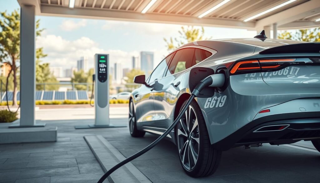 A modern electric vehicle charging station in action, showcasing a sleek electric car with a futuristic design plugged into a high-tech fast charger. In the foreground, a charging cable glows subtly, indicating energy flow. The middle ground features a clean, well-lit environment, including charging screens displaying metrics like charge time and battery percentage, emphasizing efficiency. In the background, a cityscape with green trees and solar panels illustrates sustainability. The lighting is bright and inviting, creating an optimistic mood. Use a wide-angle perspective to capture the scale of the charging station, accentuating the advanced technology of rapid battery charging. The scene conveys a sense of innovation and progress in electric vehicle technology.