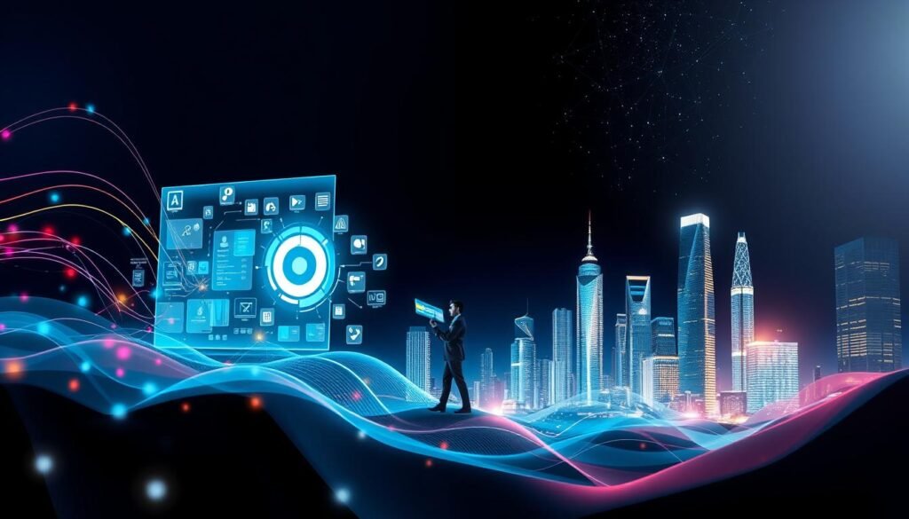 A modern interpretation of software characteristics, featuring a sleek digital landscape. In the foreground, an abstract representation of software interfaces, with vibrant icons and flowing data streams. The middle ground includes a futuristic workspace, showing a business professional in smart attire engaging with holographic displays, illustrating various software features. The background is a tech-inspired cityscape with glowing skyscrapers and a starry night sky, symbolizing innovation and advancement. Soft, ambient lighting highlights the dynamic elements, while sharp contrasts create a sense of depth. The overall mood is inspiring and forward-looking, reflecting the cutting-edge nature of software development.