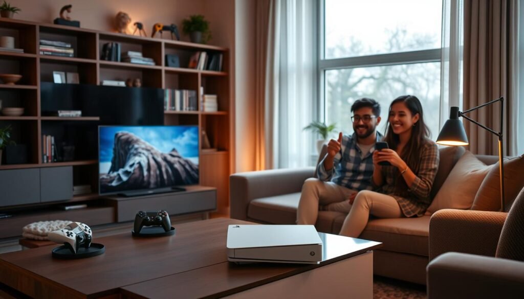 A modern living room scene featuring a sleek Sony PlayStation 5 Slim with a separate optical disk drive prominently displayed on a stylish entertainment unit. In the foreground, a diverse group of three gamers, two men and one woman, engage enthusiastically while playing the console, dressed casually yet stylishly in comfortable clothing. The middle ground shows the console's beautiful design illuminated by warm, soft lighting from a nearby table lamp, creating an inviting atmosphere. In the background, shelves filled with games and gaming memorabilia add depth, while a large window allows natural light to filter in, enhancing the mood of excitement and enjoyment. The image should capture a sense of fun and engagement, reflecting the initial testimonials and review sentiments for this new gaming model.